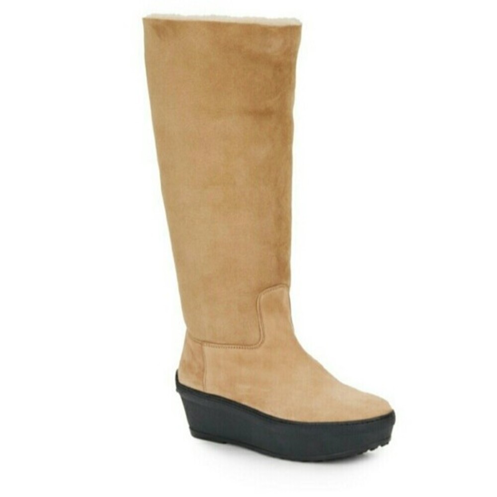 Tods Tan Chic Sherpa Fur Suede Leather Platform Knee High Boots Size 40 New
